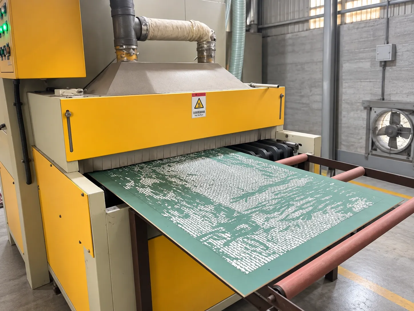 A masked panel on the sandblaster conveyor, its exposed pattern pale against the green film.