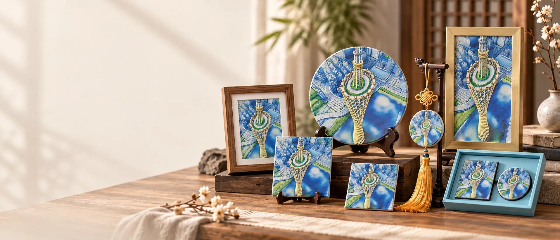 One Canton Tower design made as a set: framed pieces at two sizes, a disc on a stand, tiles, a tassel pendant and a boxed pair.