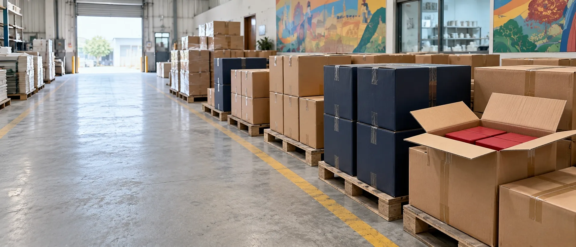Cartons and navy boxes stacked on pallets along a warehouse aisle, one carton open, the loading door open at the far end.