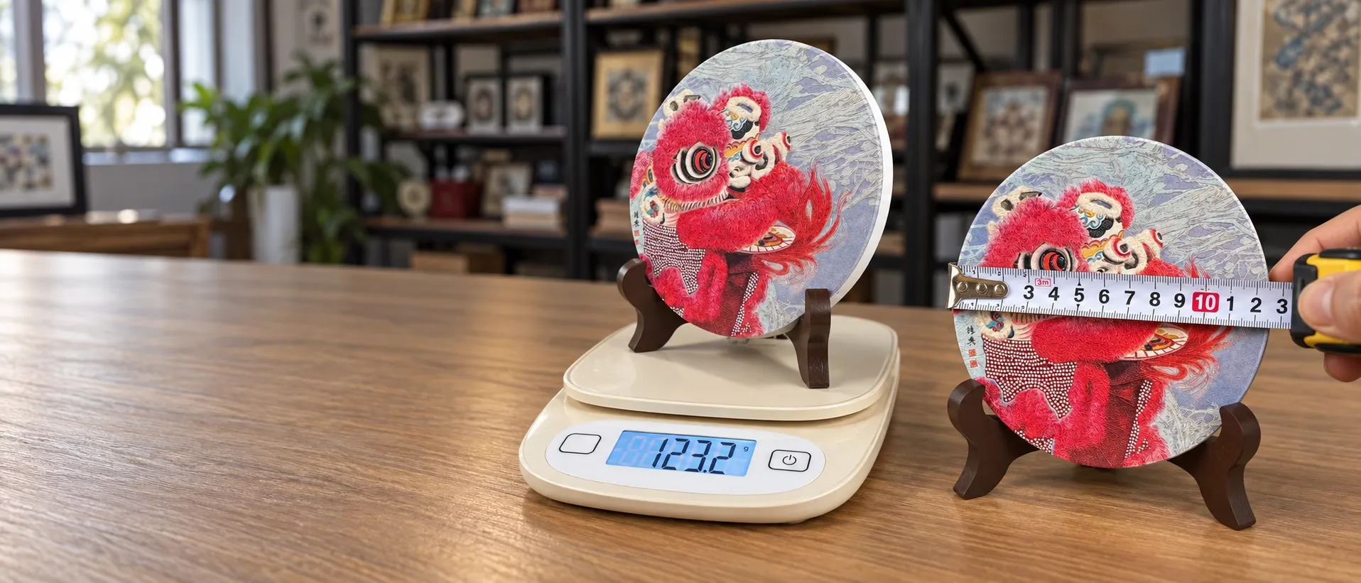 A red lion-dance disc on a stand resting on a kitchen scale, and a second disc being measured across with a tape measure, on a wooden table.