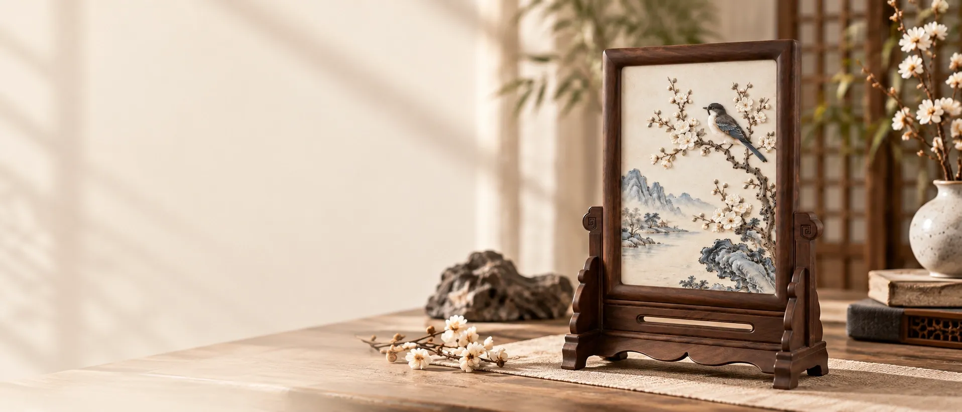 A plum blossom and bird piece above a distant ink landscape, held upright in a dark wood table-screen stand on a desk.