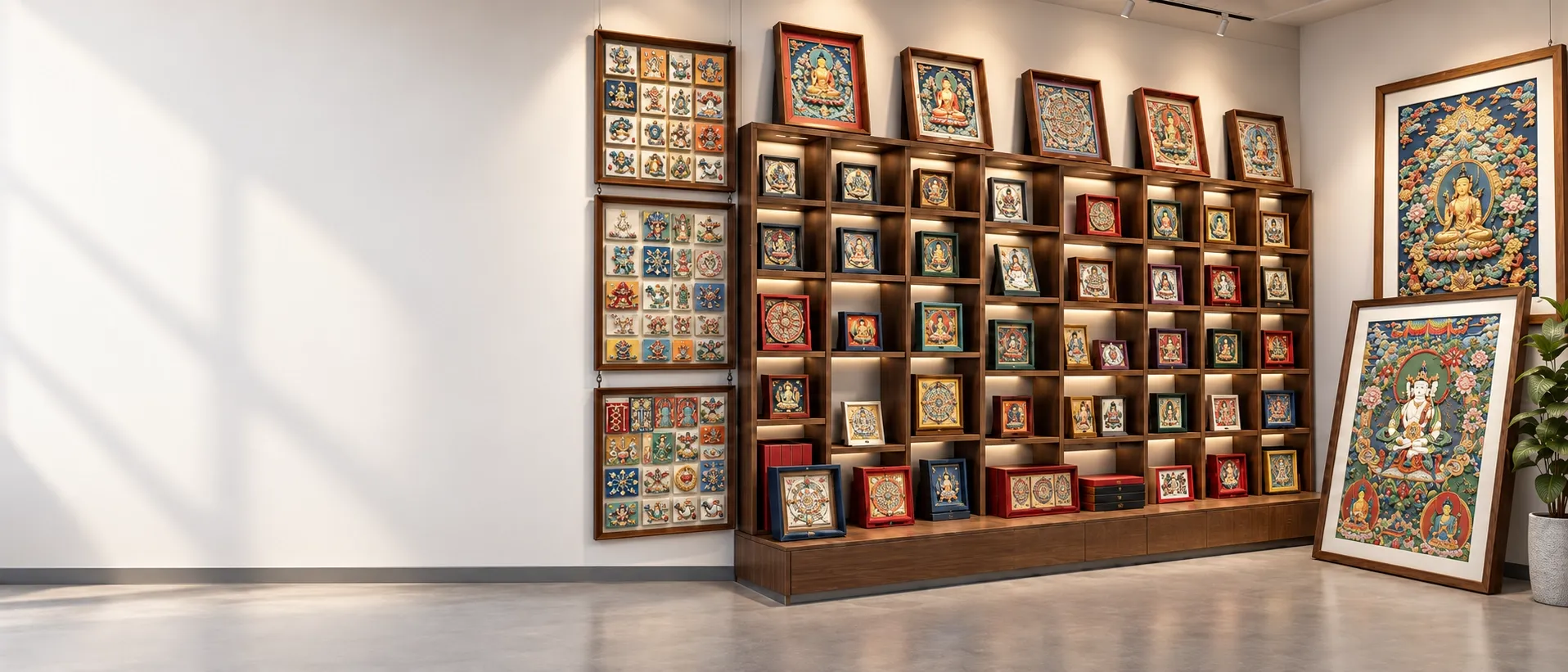 A showroom wall of framed Thangka relief artworks in several sizes: small pieces lit on shelves, panels of small tiles hung beside them and two large framed pieces at the end.