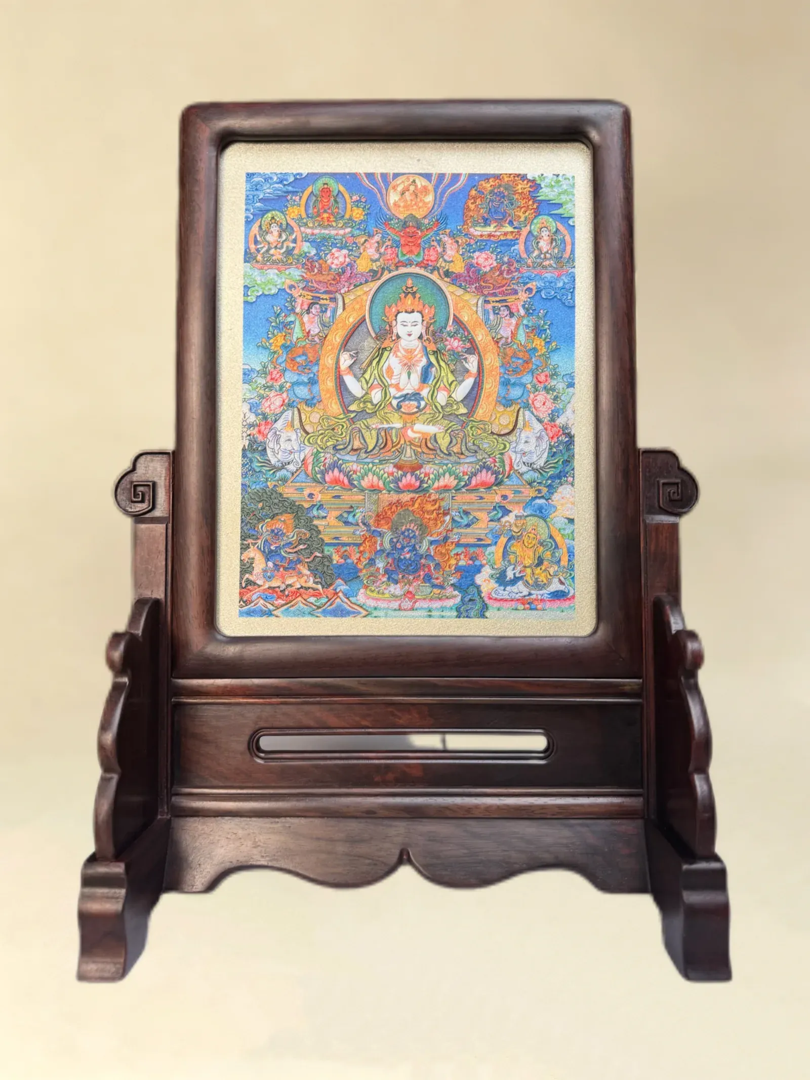 A relief artwork of Four-Armed Avalokiteshvara, with surrounding figures, as a table screen, photographed front on.