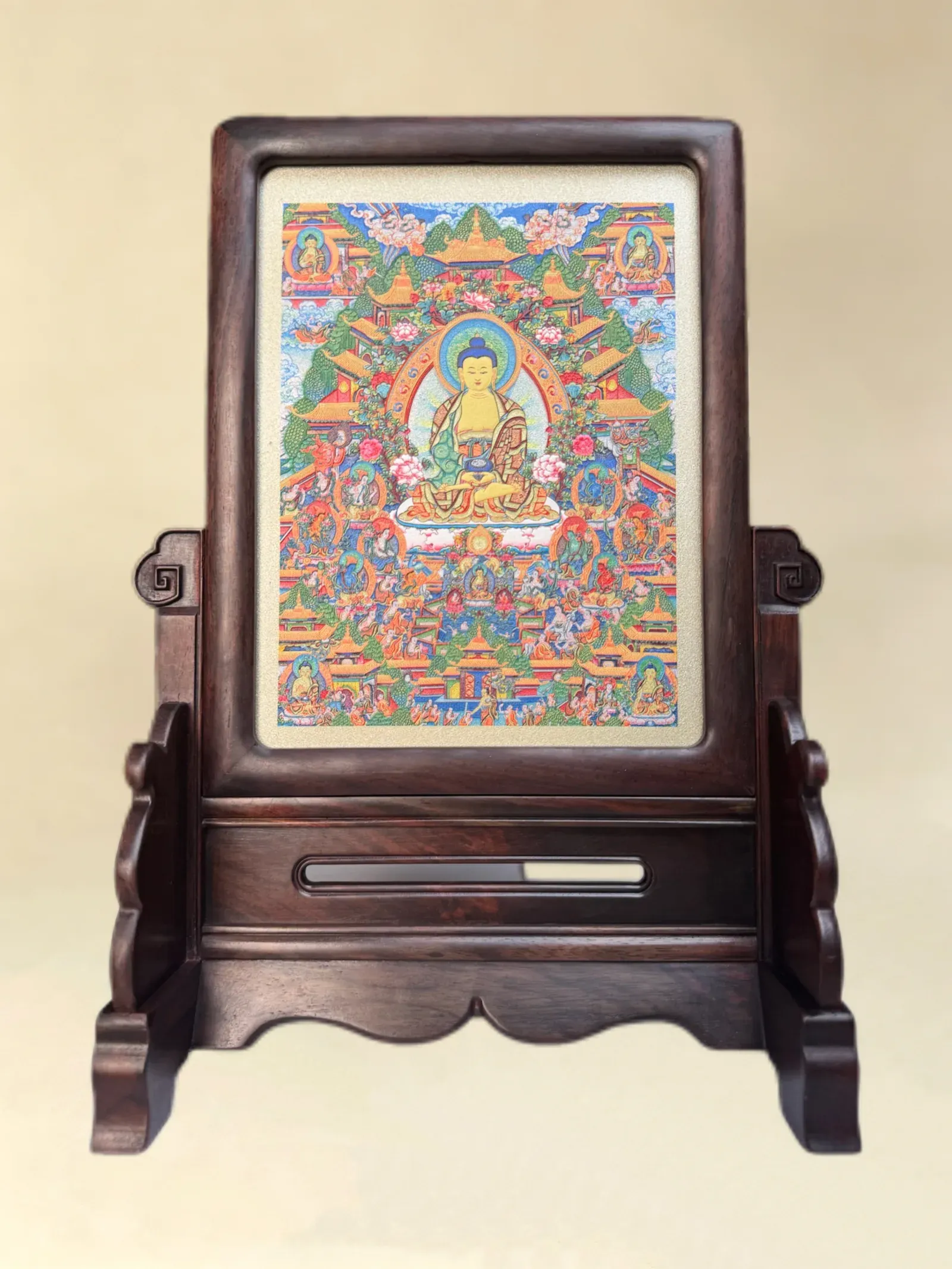 A relief artwork of Shakyamuni Buddha, as a table screen, photographed front on.