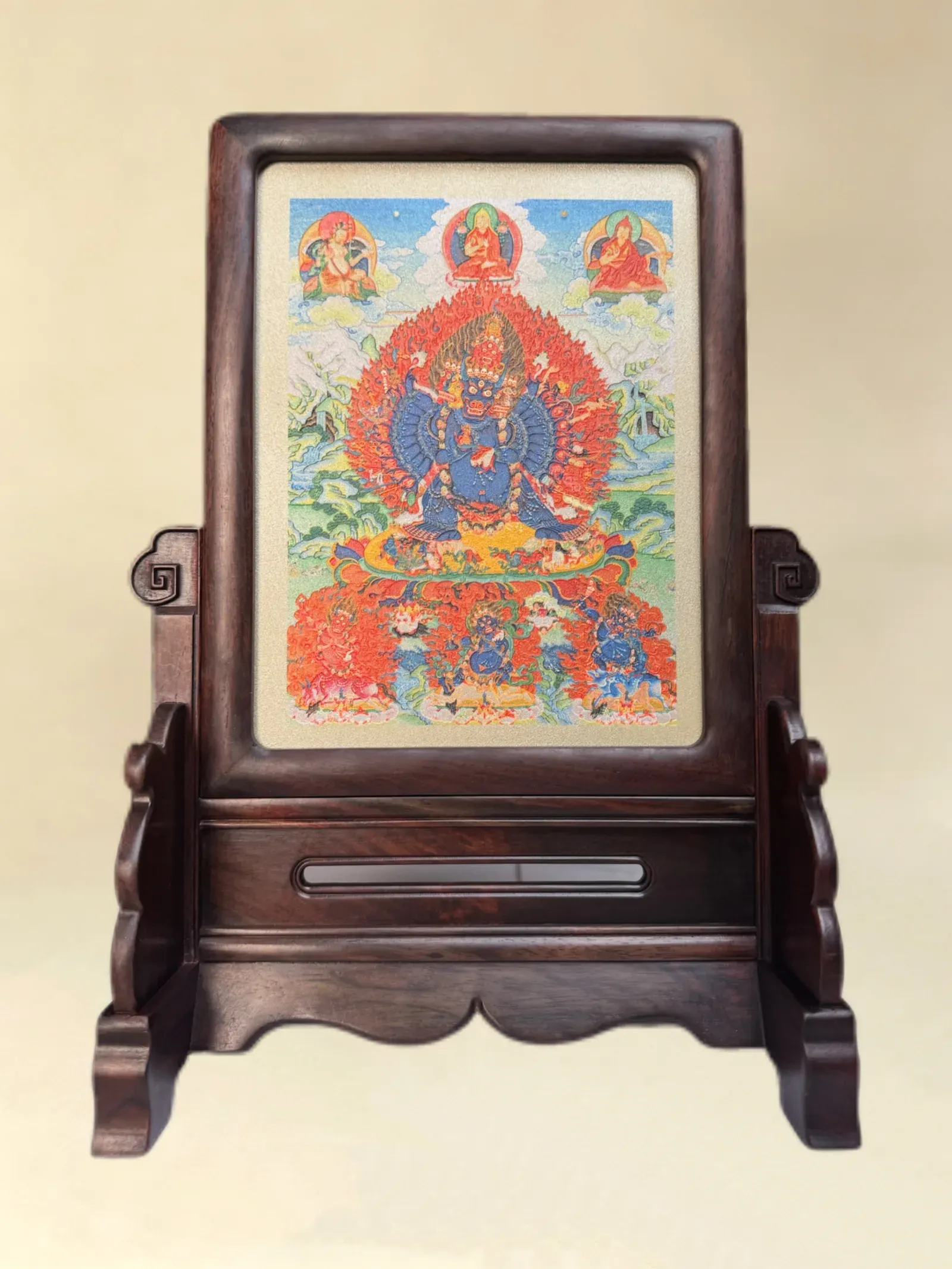 A relief artwork of Yamantaka, as a table screen, photographed front on.