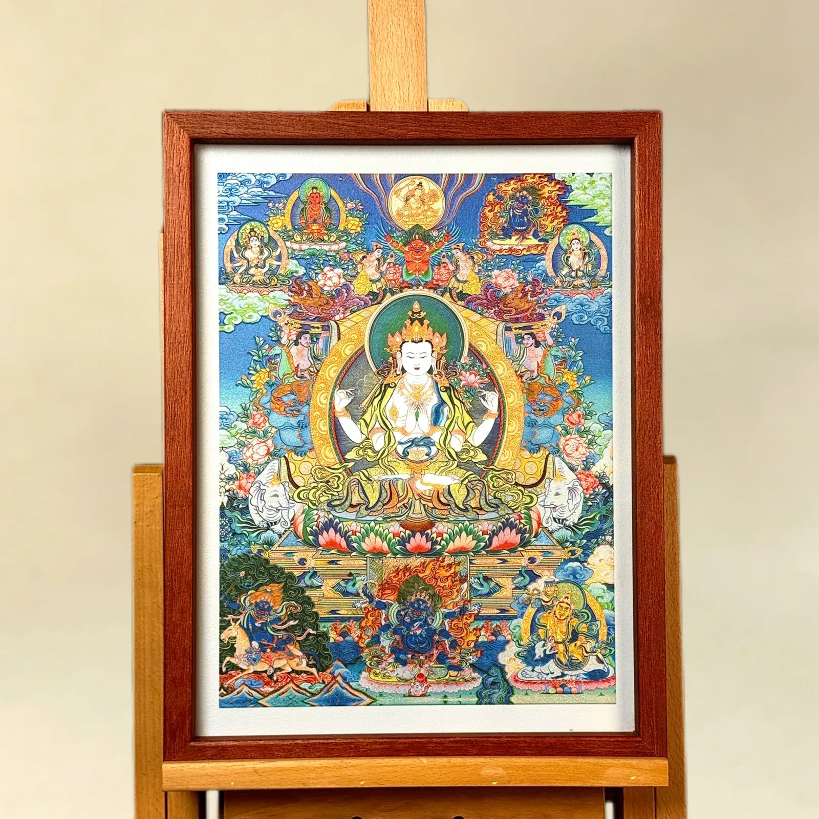 A relief artwork of Four-Armed Avalokiteshvara, with surrounding figures, as a wall piece, photographed front on.
