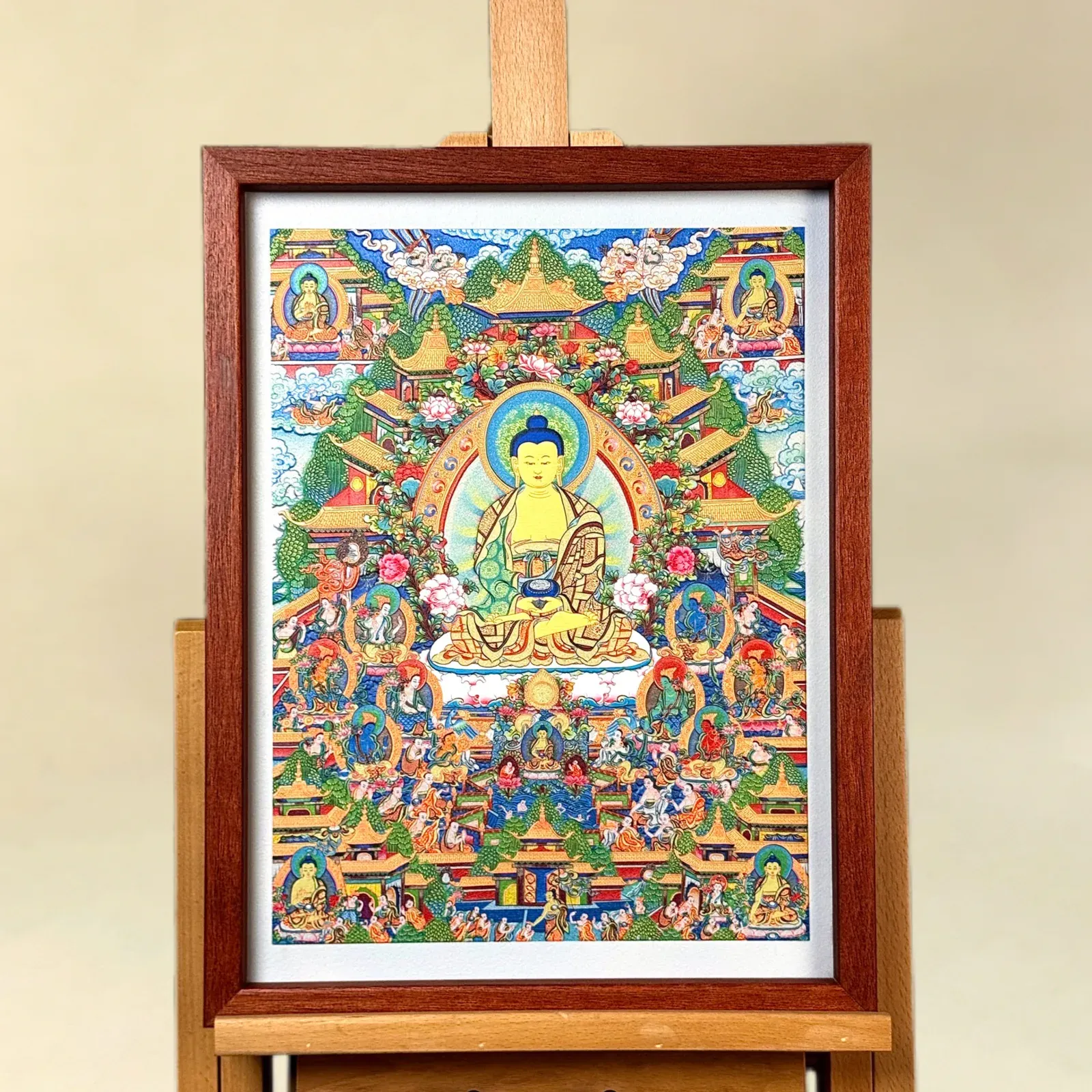 A relief artwork of Shakyamuni Buddha, as a wall piece, photographed front on.