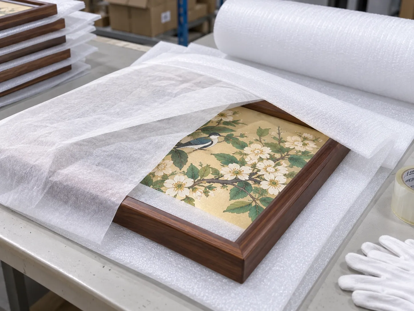 A framed piece having a soft white foam sheet laid over its face, wrapped pieces stacked behind.