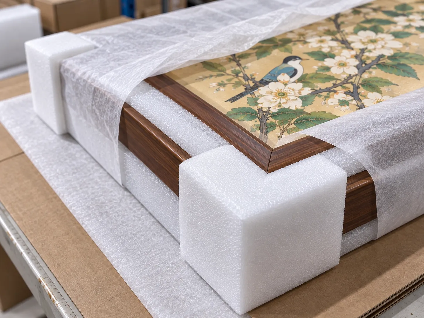 A wrapped framed piece with white foam corner blocks fitted over each corner.