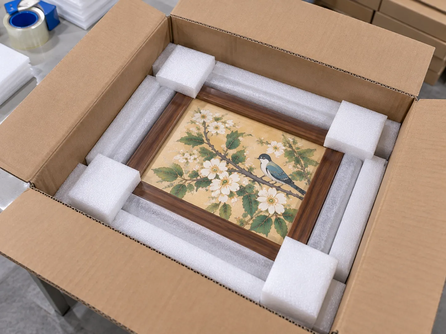 An open carton holding a framed piece with foam corner blocks and foam strips along each edge.