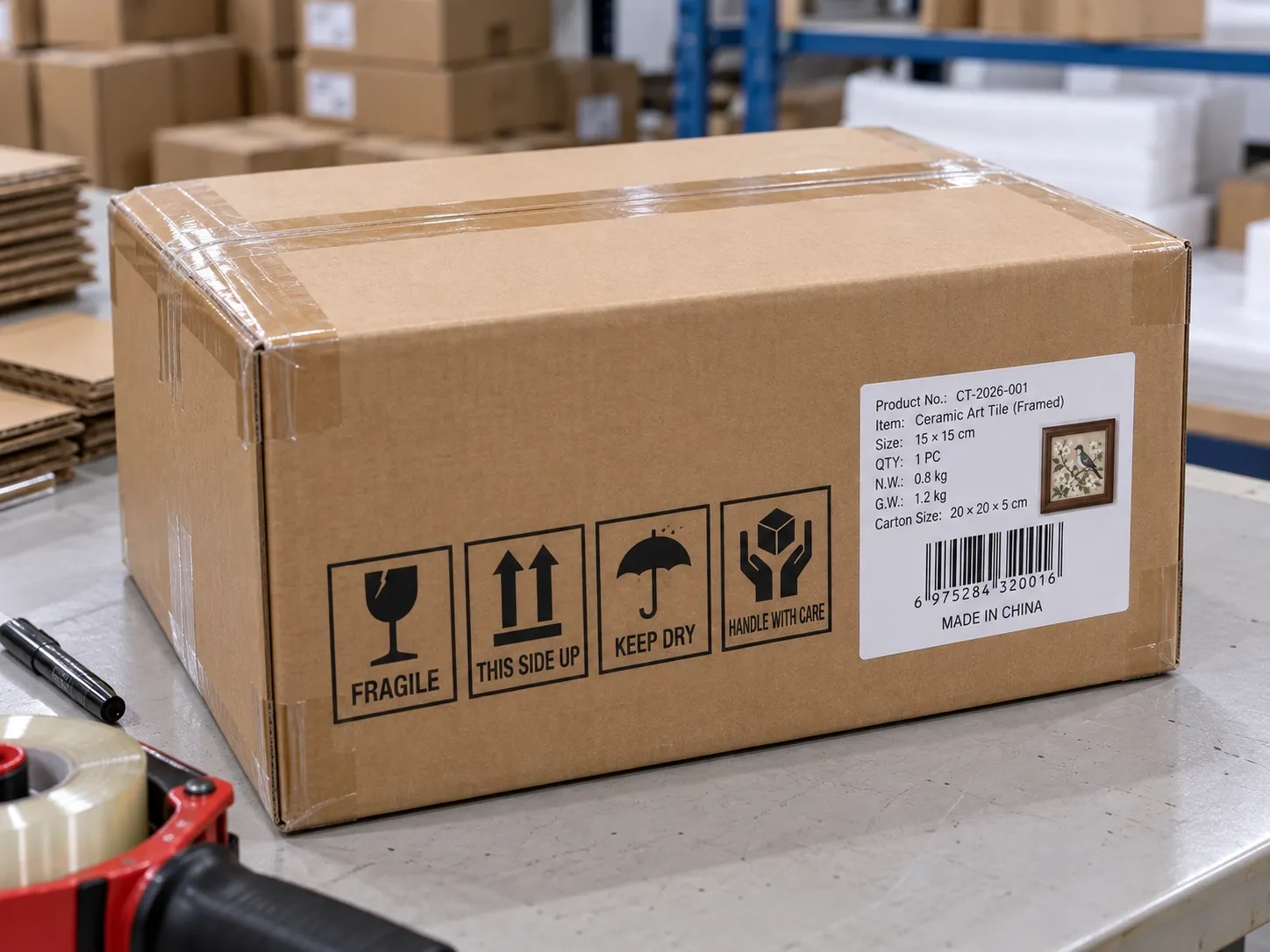A sealed carton printed with fragile, this side up, keep dry and handle with care symbols, and a product label with a barcode.