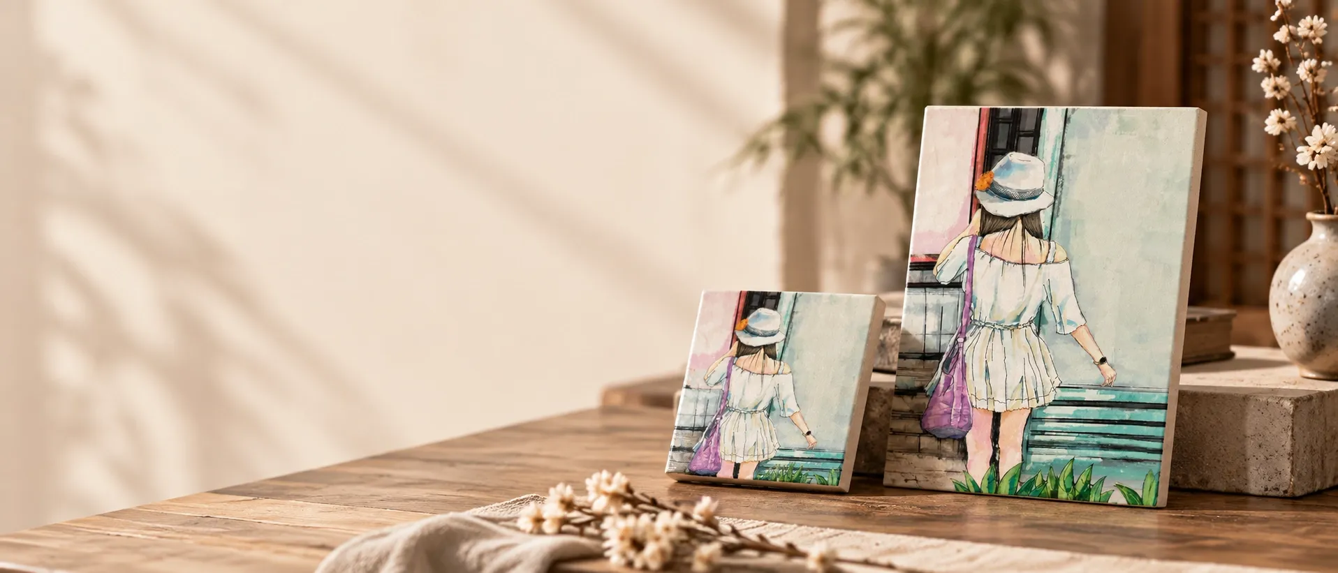 Two unframed ceramic tiles of the same illustration, one small and one larger, leaning upright on a wooden table.