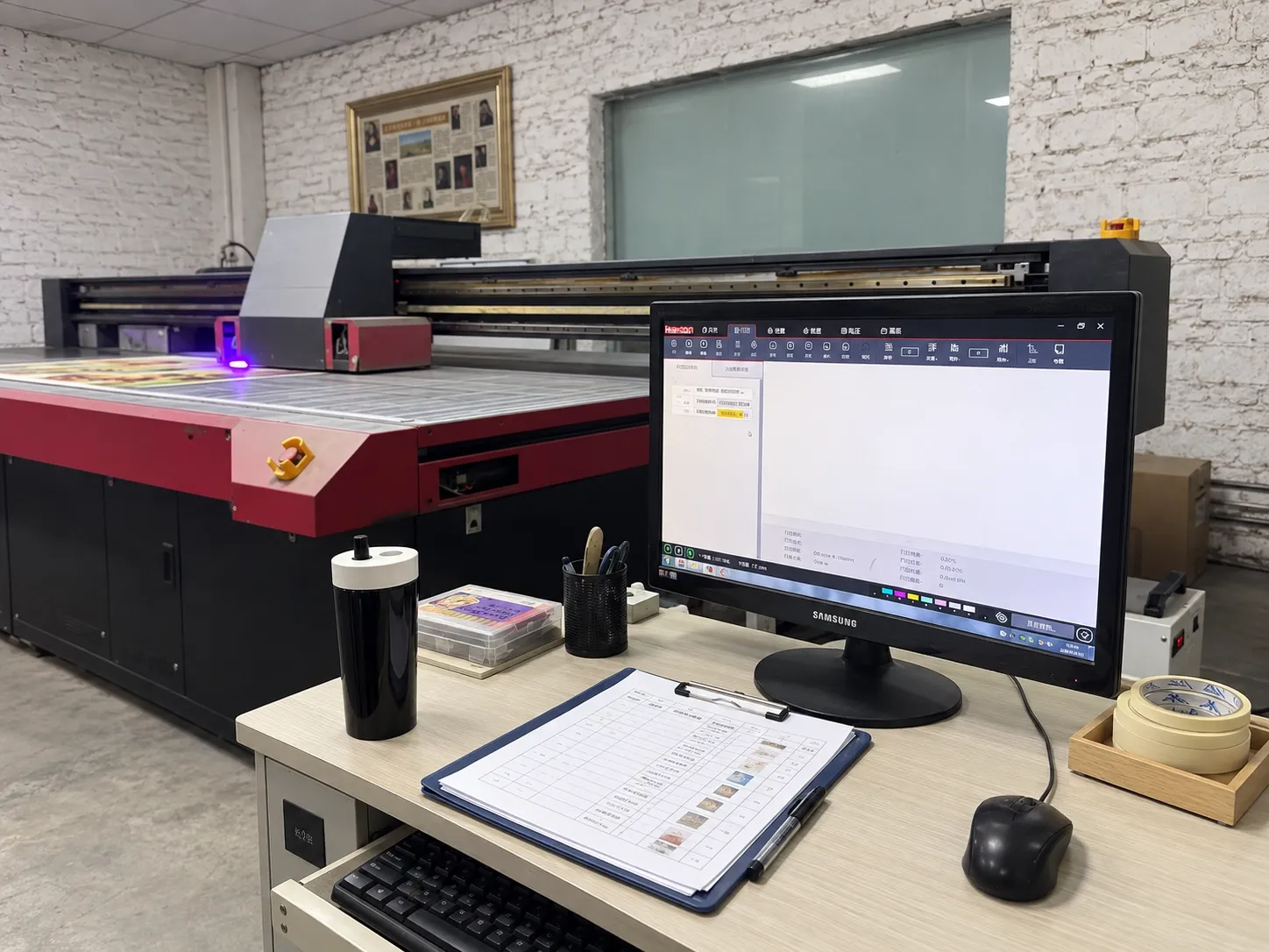 A print station with a job queued in the printer software and a job sheet showing a thumbnail for each piece, the flatbed printer behind.
